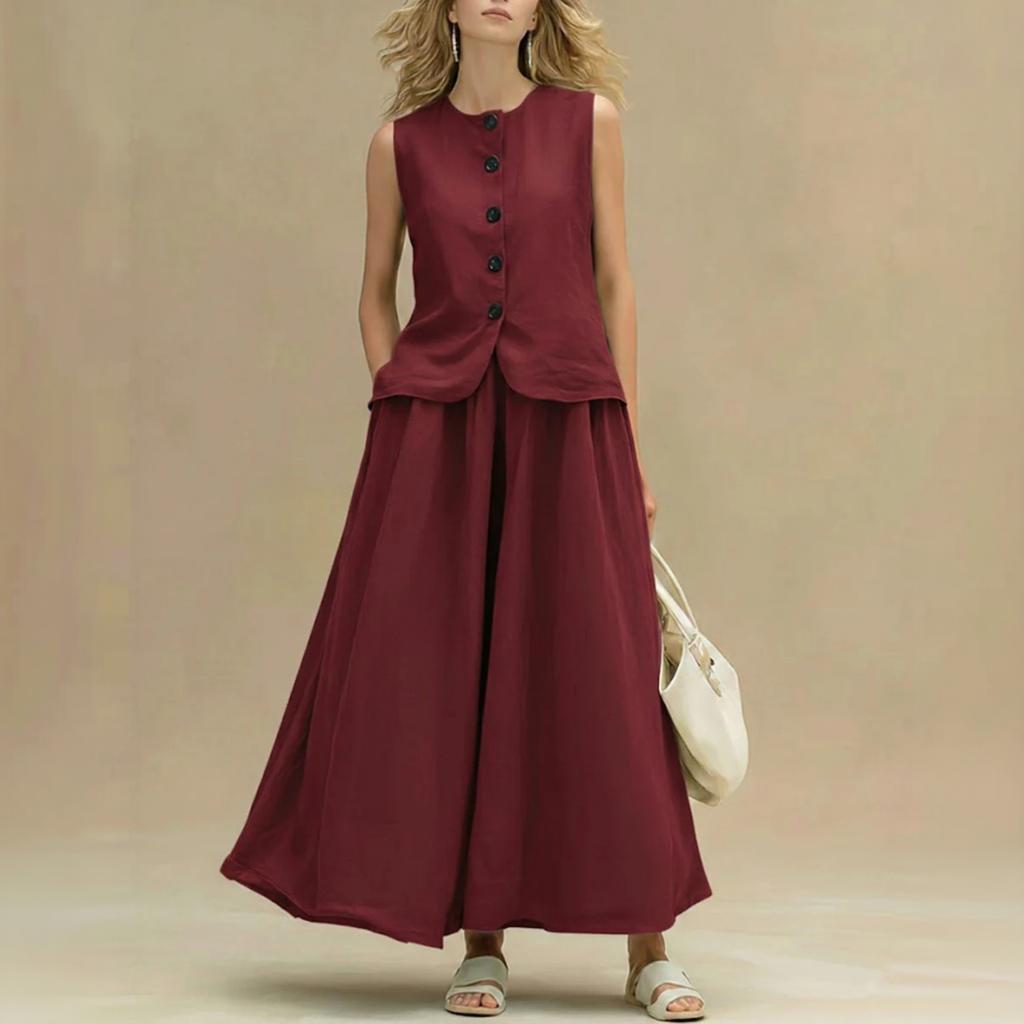 Women Sleeveless Button Front Vest Waistcoat and Long Skirt Two Piece Set Fashionable Solid Color Suit for Casual and Formal Wear