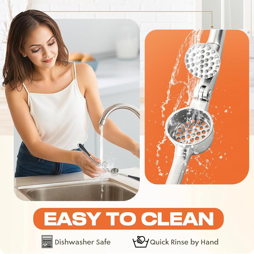 Kitchen Garlic Press Stainless Steel, Premium Rust Proof Dishwasher Safe Garlic Mincer, Durable Garlic Crusher Set with Peeler Brush, Easy To Clean
