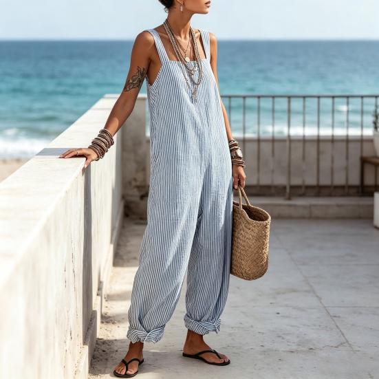 Loose Striped Wide Leg Jumpsuit for Women, Square Neck Sleeveless Wide Leg Rompers with Pockets, Casual Summer One Piece Outfit