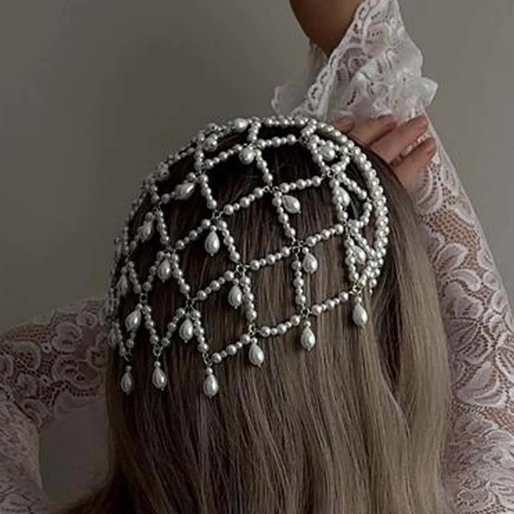 Bohemian Grid Hollowed Pendant Headdress Costume Women Carnival Headband 1920s Pearl Hair Fashion Vintage Headwear Accessories