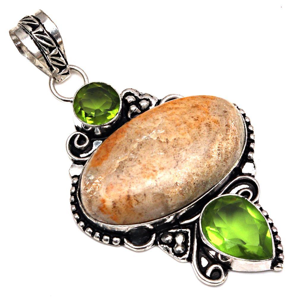 

Pendant Fossil Coral Peridot Quartz Gemstone Silver Jewelry 2.25 2.25 жёлтый