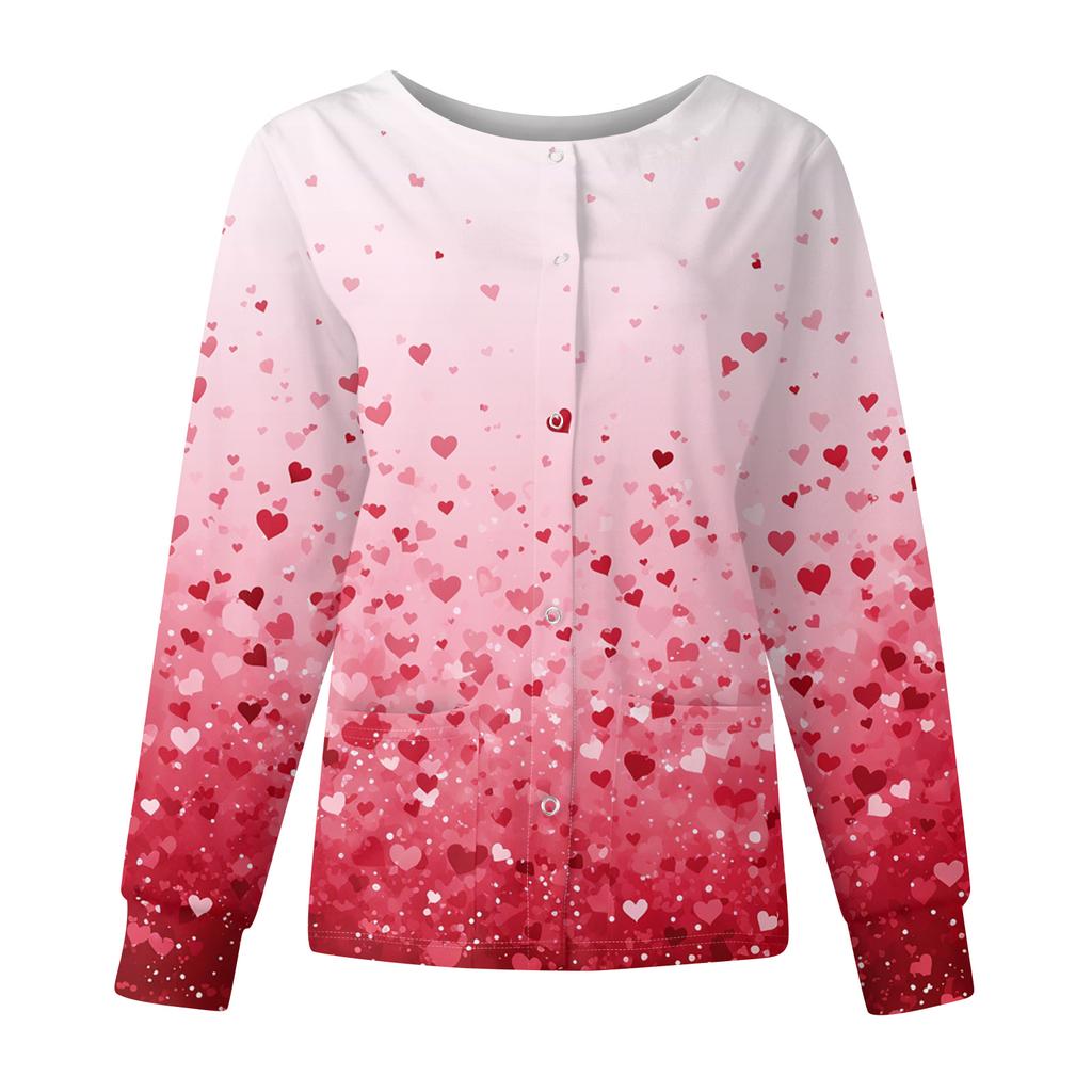 Women's Casual Fashion Long Sleeve Standing Collar Single Breasted Valentine's Day Print Workwear Jacket Tops