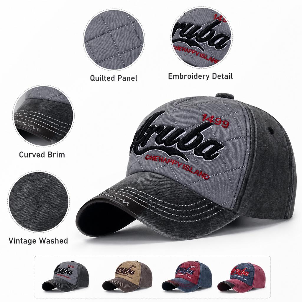 Retro Aruba 1499 Quilted Baseball Cap Unisex Washed Denim Style Dad Hat 3D Letter Embroidery Pu Leather Brim Snapback Sun Cap