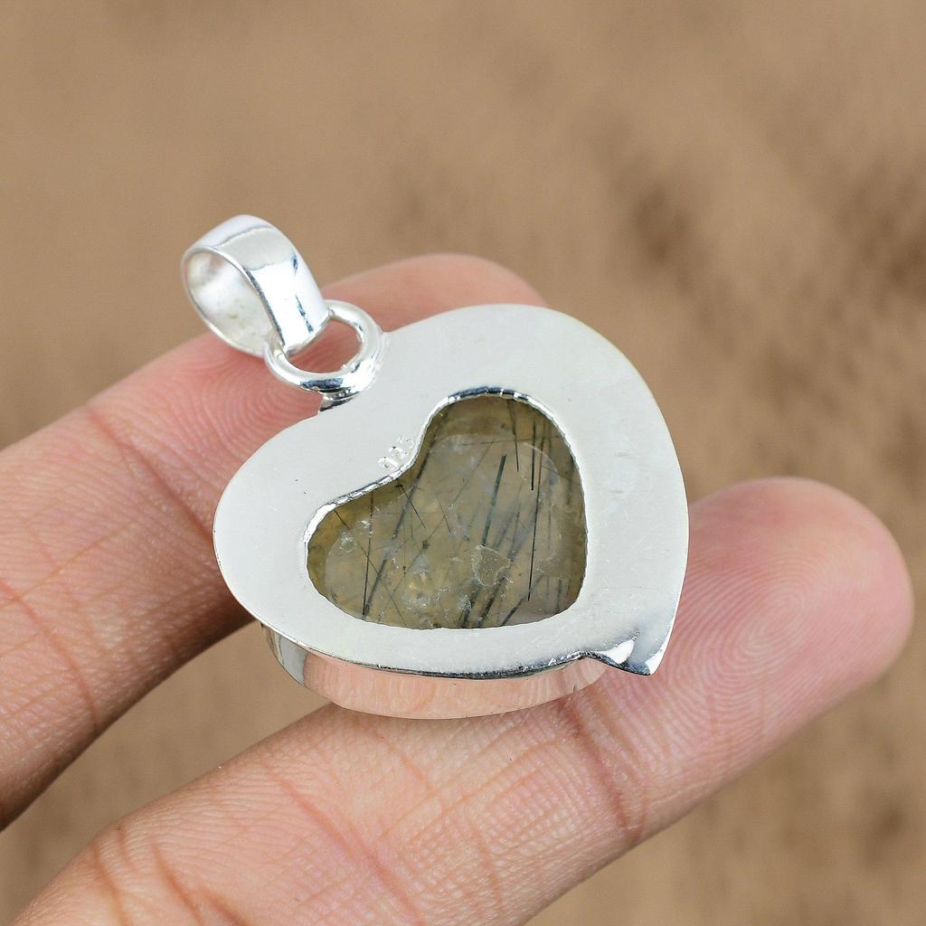 Gift For Her 925 Sterling Silver Natural Black Rutile Gemstone Pendant Heart
