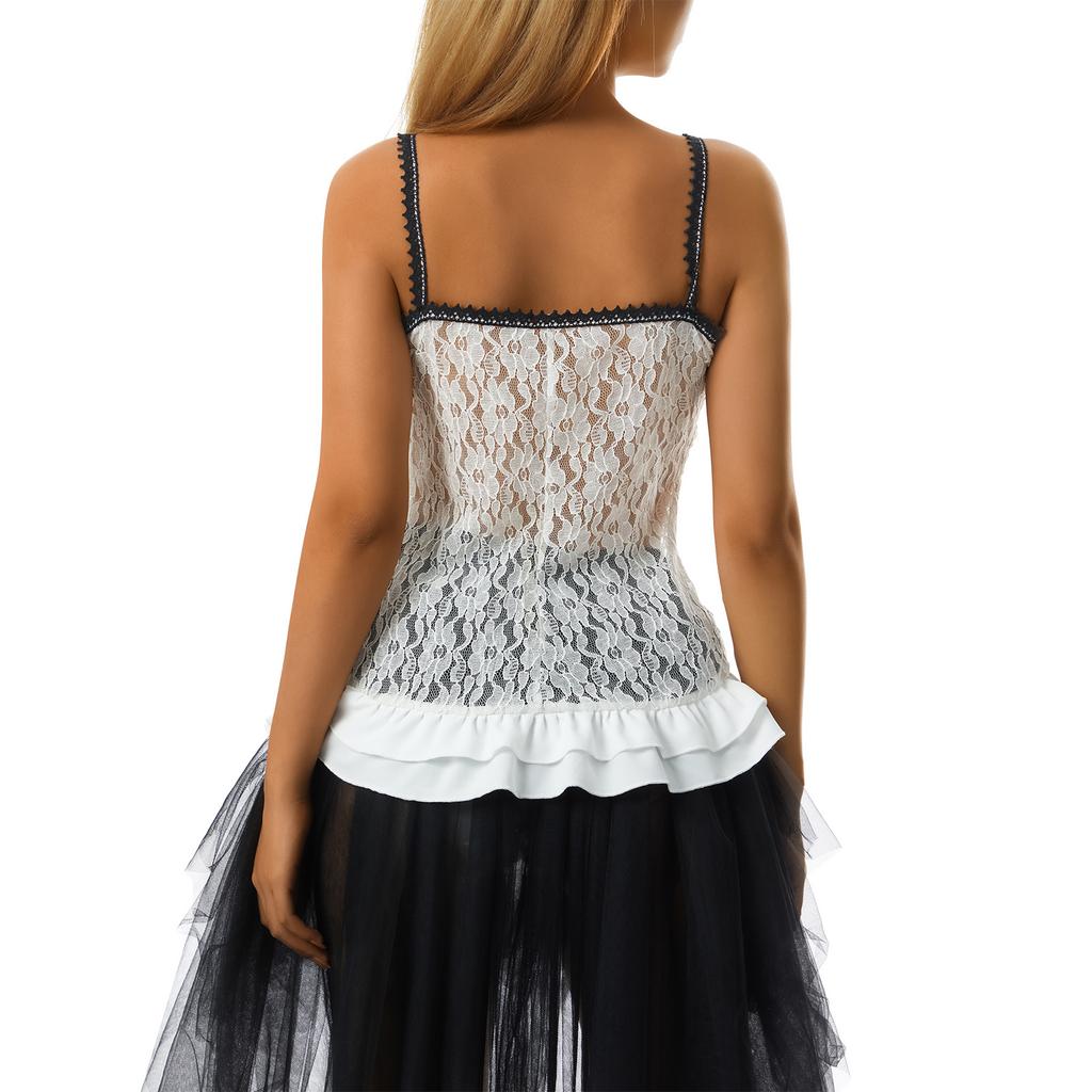 Women Street Shirt, Sleeveless V Neck Lace Floral Bow Slimming Casual Party Ruffle Suspender Tops