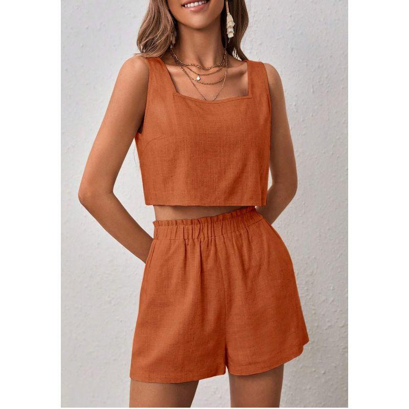 

Sleeveless Top Casual Shorts Set Pure Color Sleeveless Tops Casual Shorts Suit Orange S