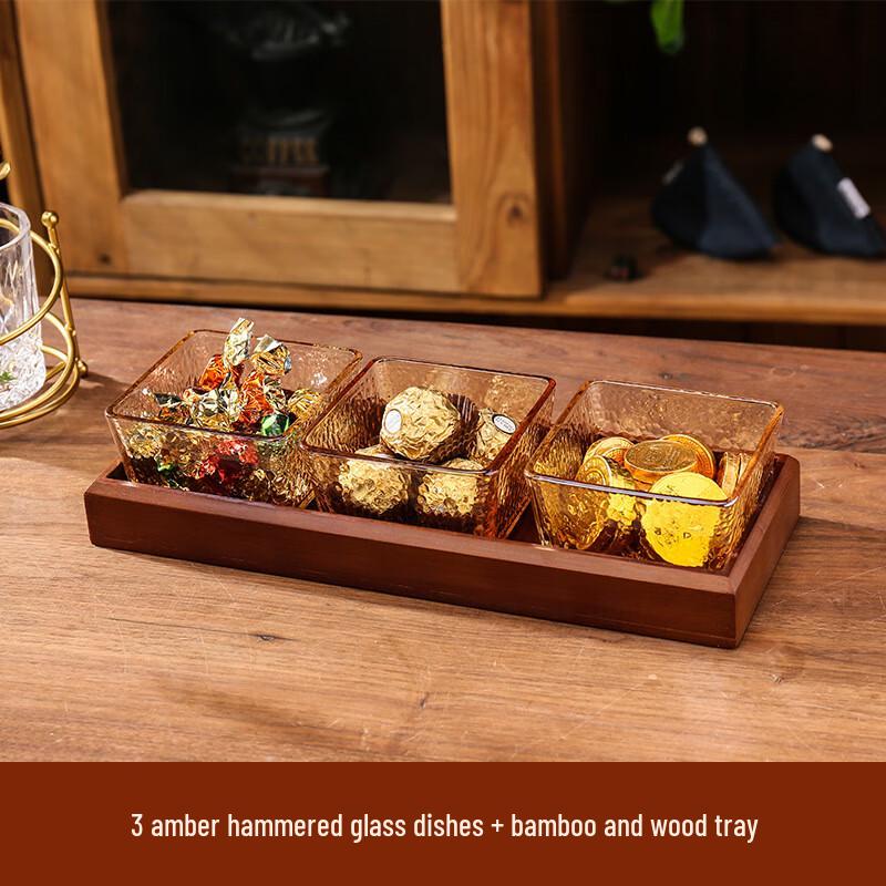 Amber Hammered Glass Fruit Plate Set with Bamboo Tray 1 Set