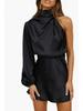 2024 Spring Women's Satin One-Shoulder Mini Dress with Long Sleeves