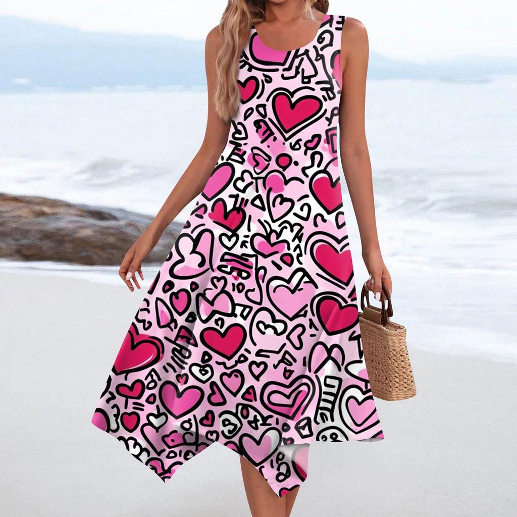 Lässiges, modisches Damen-Midikleid mit Rundhalsausschnitt, ärmellosem Aufdruck und unregelmäßigem Saum