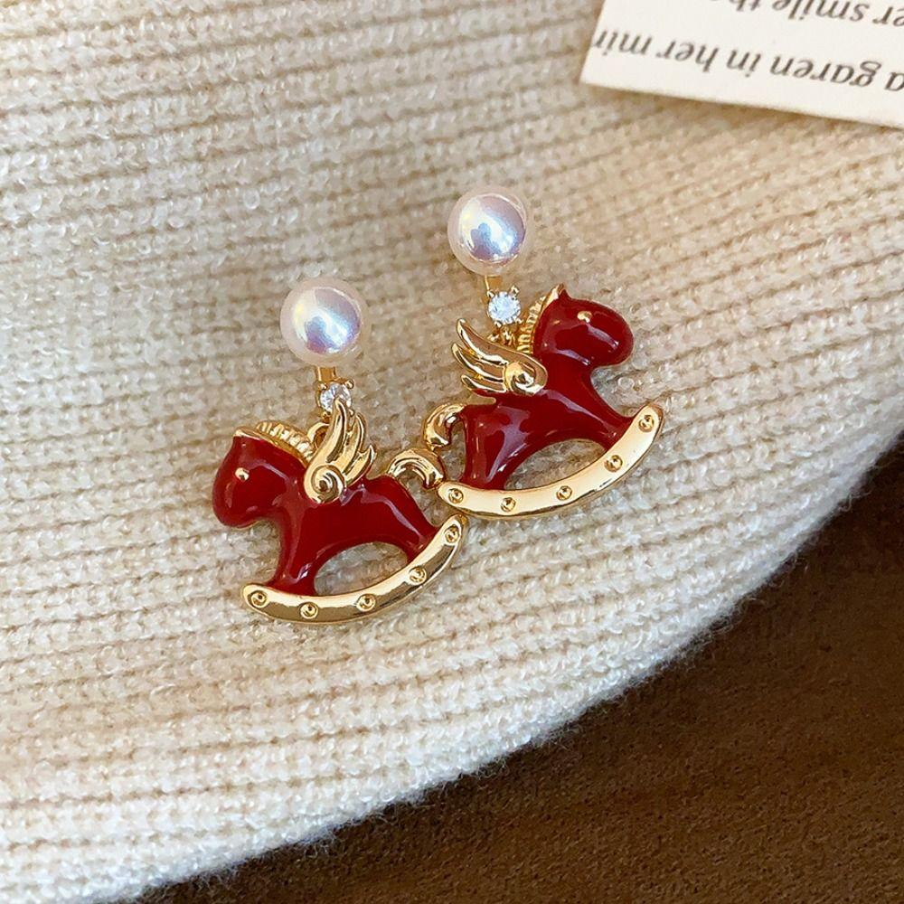 Chinese Horse New Year Cartoon Horse Earrings Zodiac Pony Red Drop Earrings  Lady