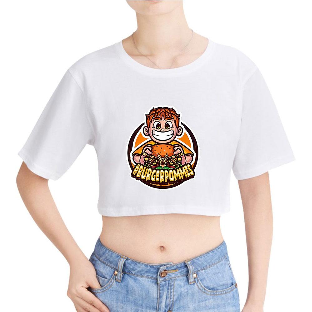 Women's Stylish Burgerpommes ICrimax Printed T-Shirt Short Sleeve Round Neck Slim Fit Wild Casual Crop Tops for Summer