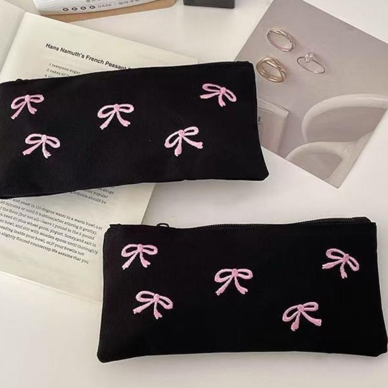 Large Capacity Stationery Bag Bow Embroidered Zipper Portable Pencil Pouch for Students Weekend Tutoring Class Use