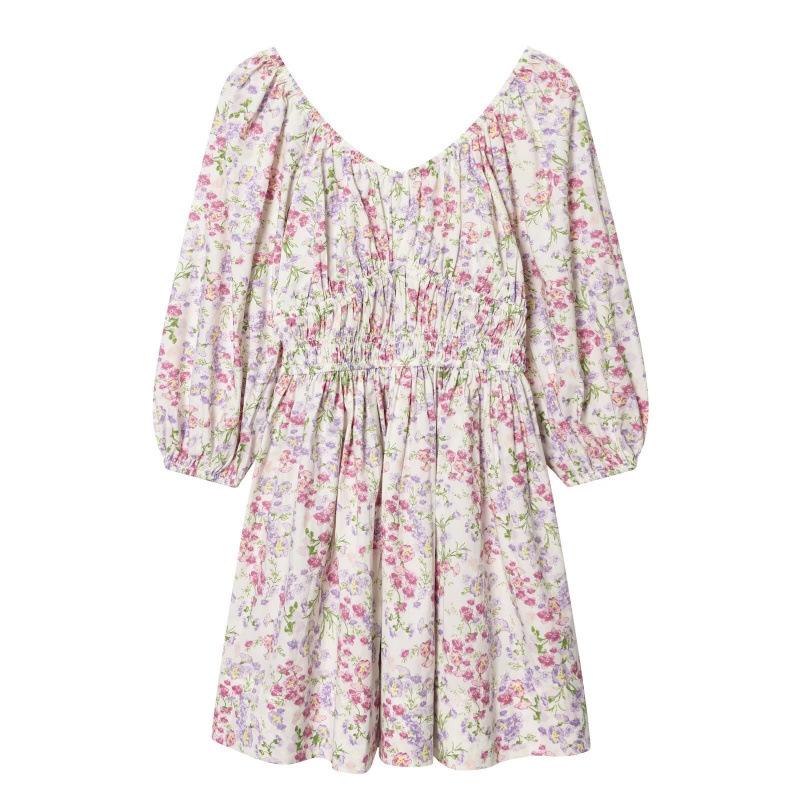 

2026 Spring Floral V-Neck Flared Hem Cotton Skirt in European & American Style Medium розовый/цветочный