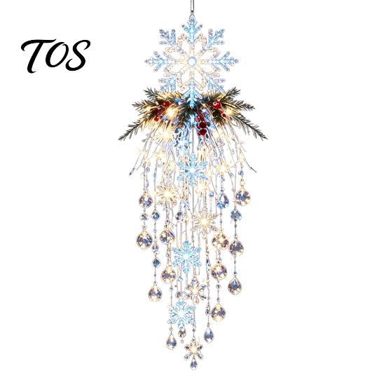 Christmas Gift for Friends Crystal Waterfall Lights, LED Warm White Snowman Pendant Decorative Pine Branch Pendants Light with Snowflake Droplets,