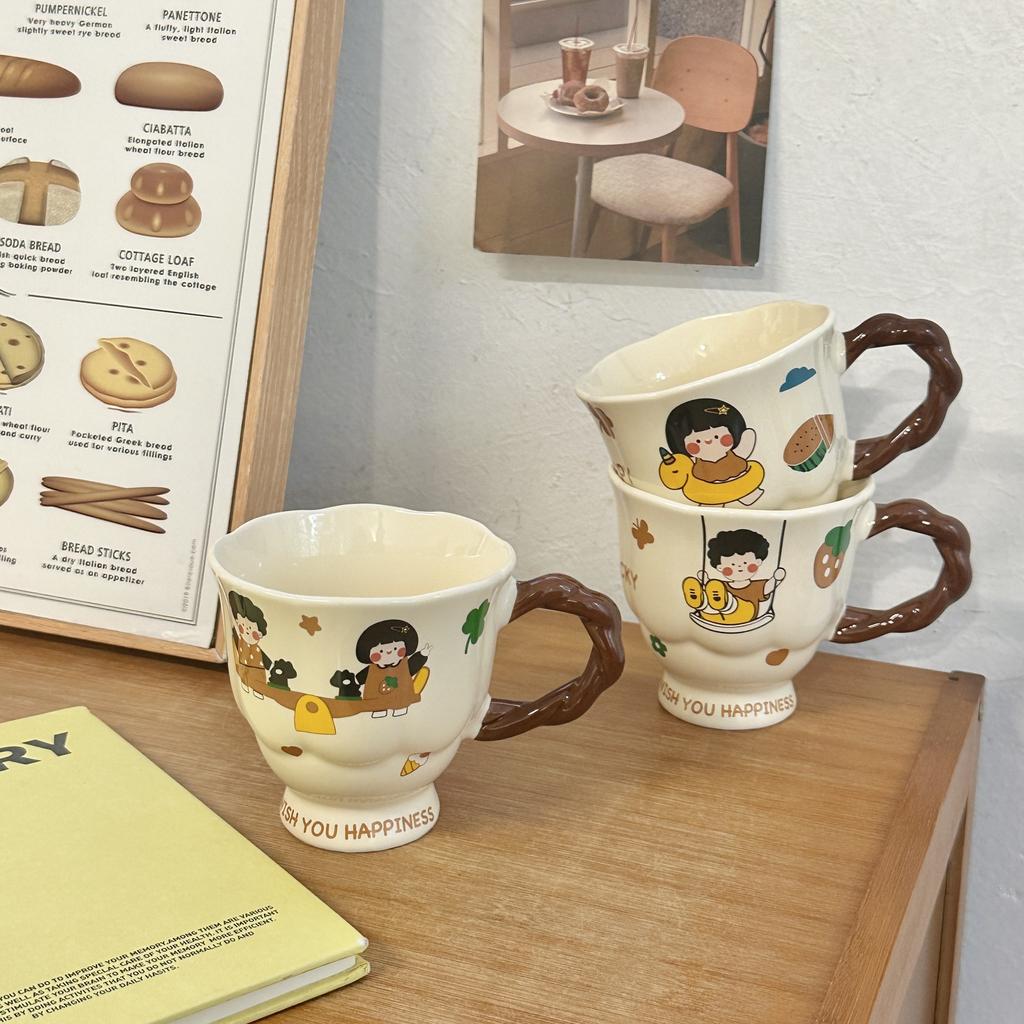 Cartoon Boy and Girl Couple Ceramic Mug Souvenir High Footed Cup To Give Birthday Gift To Friends Best Friend Sisters