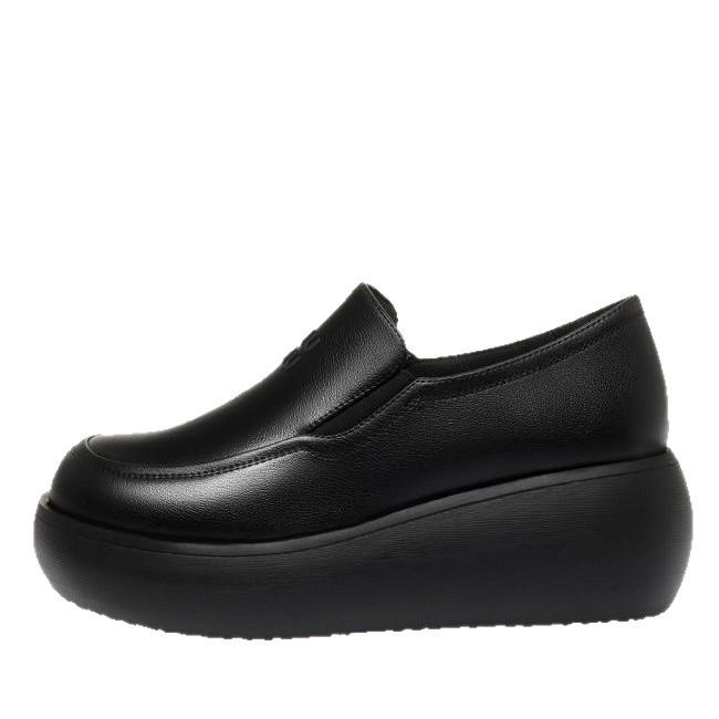 Round head platform loafers women's spring new retro muffin shoes soft leather not tired feet comfortable mother deep mouth shoes