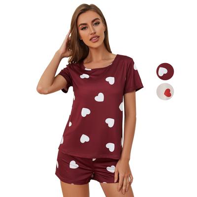Pigiama da donna con stampa a cuore, in poliestere, sottile, con pantaloni corti, set da 2 pezzi, pigiama da notte, abbigliamento da salotto, abbigliamento estivo per la casa