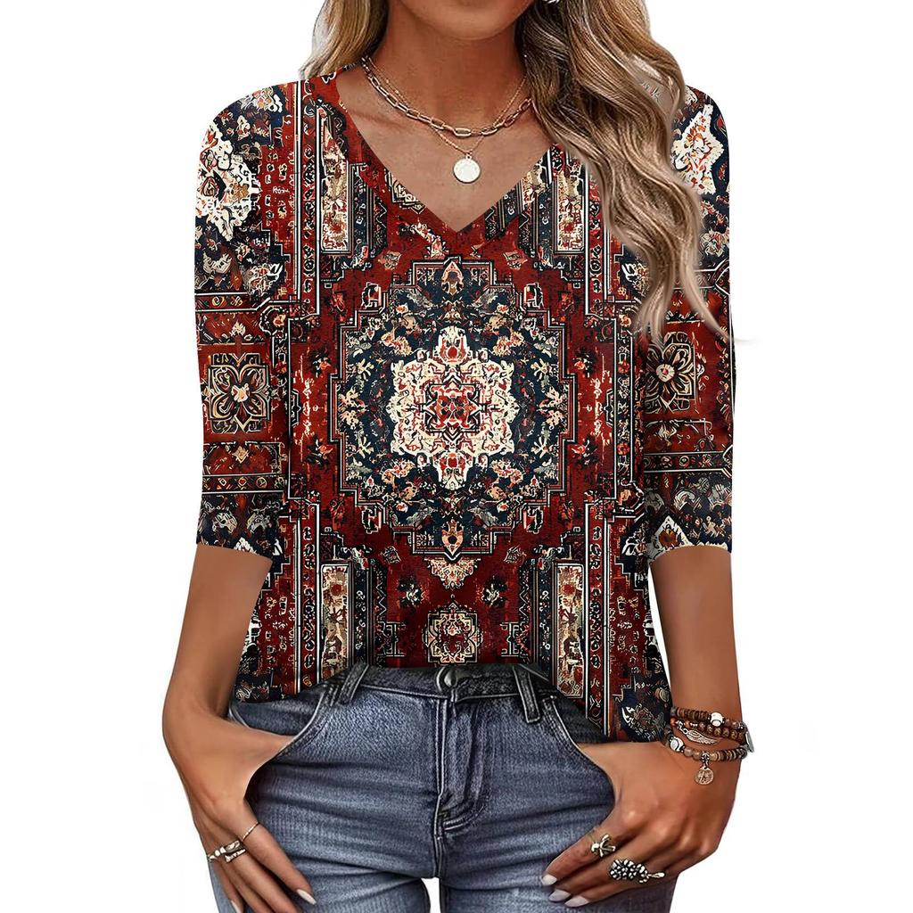 Tricou de damă cu imprimeu, mânecă 3/4, pentru zi de zi, weekend, modă, de bază, cu gât în V, top normal