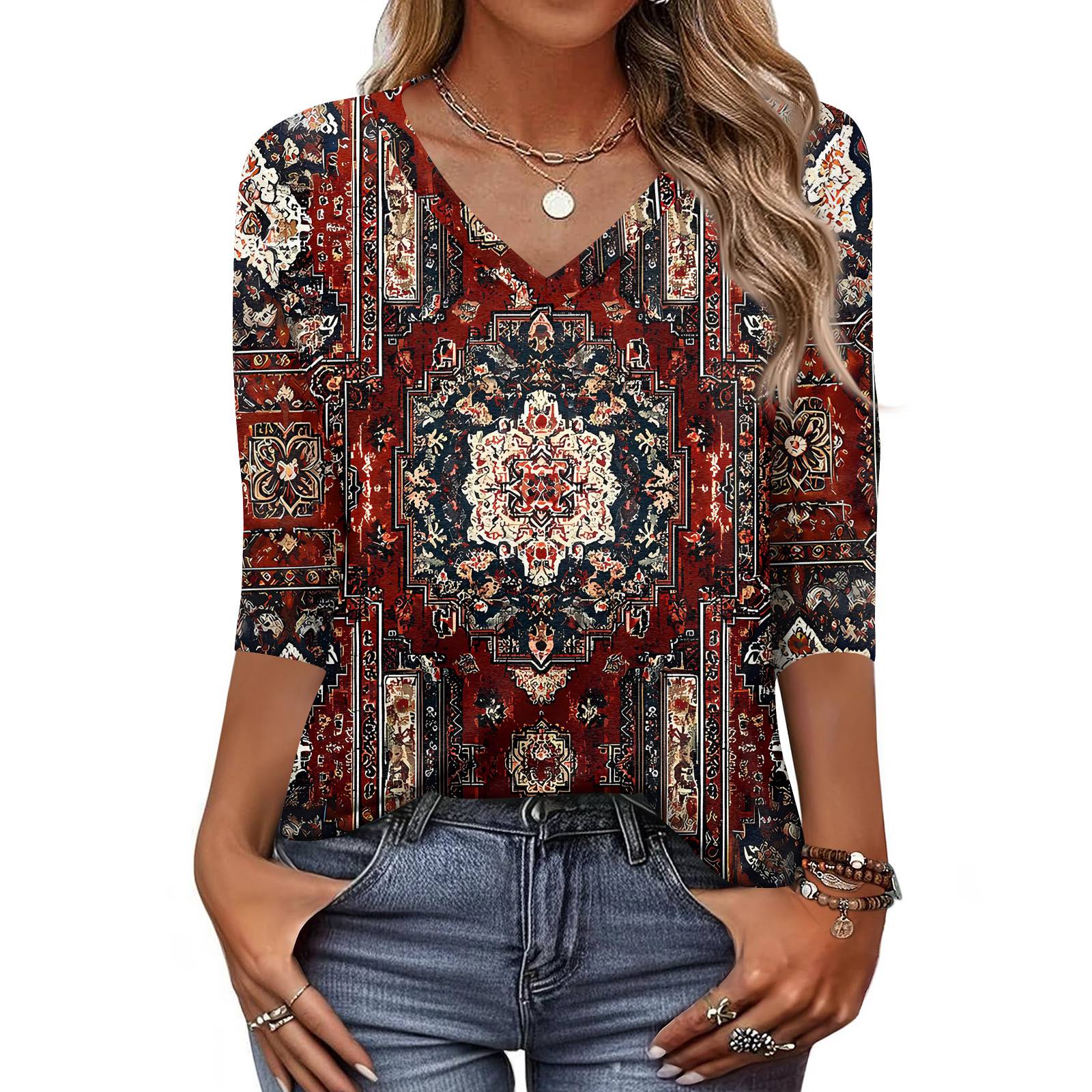 

Женская футболка с принтом, рукав 3/4, повседневная мода на выходные, базовый топ с V-образным вырезом XXXL