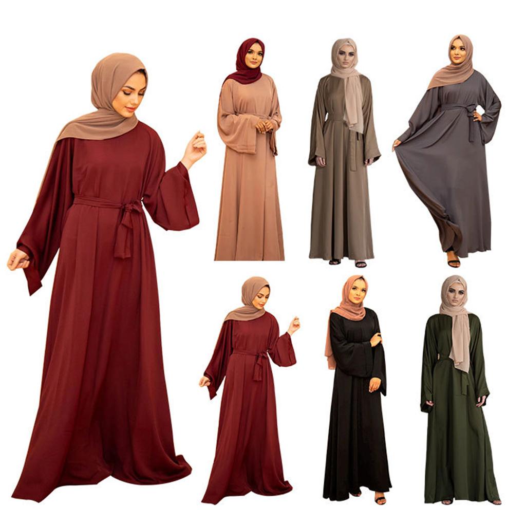 Modisches Muslimisches Kleid mit Langen Ärmeln Einfarbig Elegante Modest Wear Kleidung für Damen Schnürung Türkei Kaftan Eid Roben