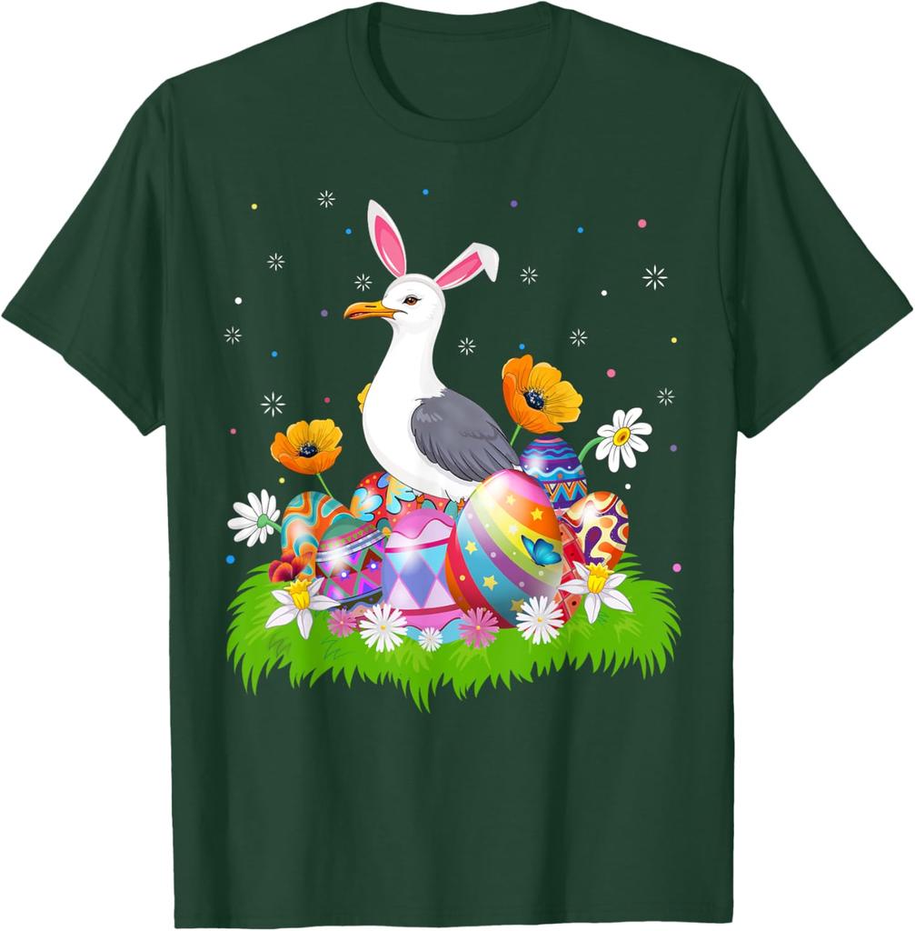 Seagull Bunny Ears Easter Eggs Graphic Tee Men Casual Cotton Short Sleeve T-Shirt