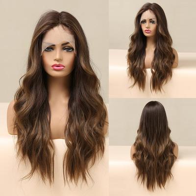 Long Natural Wavy Front Lace Wigs Black Synthetic Wigs for White Black Women Daily Party Wedding Hair Heat Resistant
