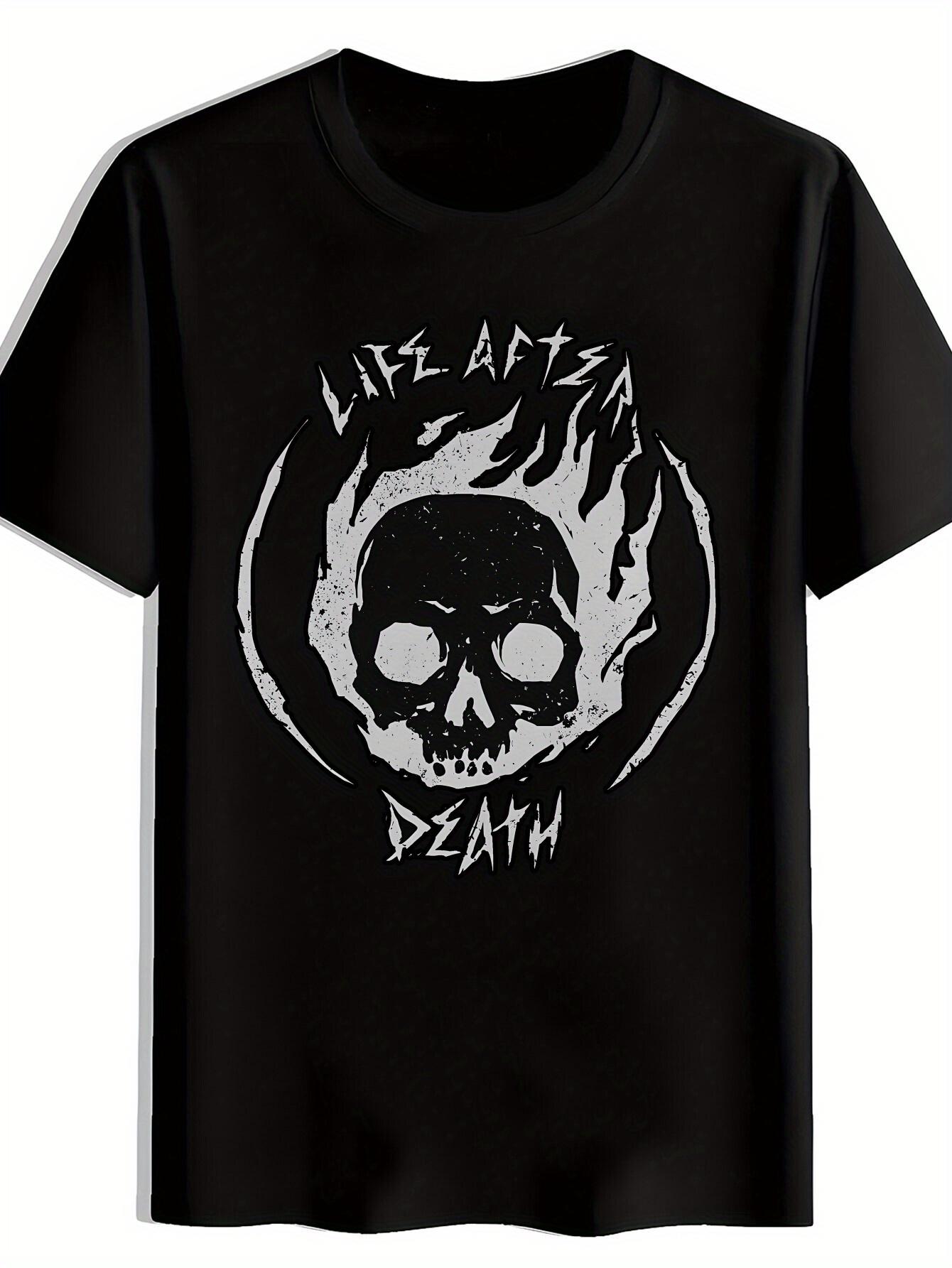 Black Graphic T-shirt with Skull & Flame Design - Casual Crew Neck S