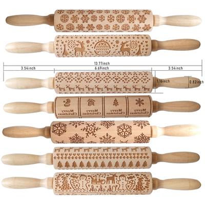 Wooden Christmas Pattern Embossed Rolling Pin For Kitchen Pastry Baking Tools Wooden Embossed Cookies Rolling Pin for Baking