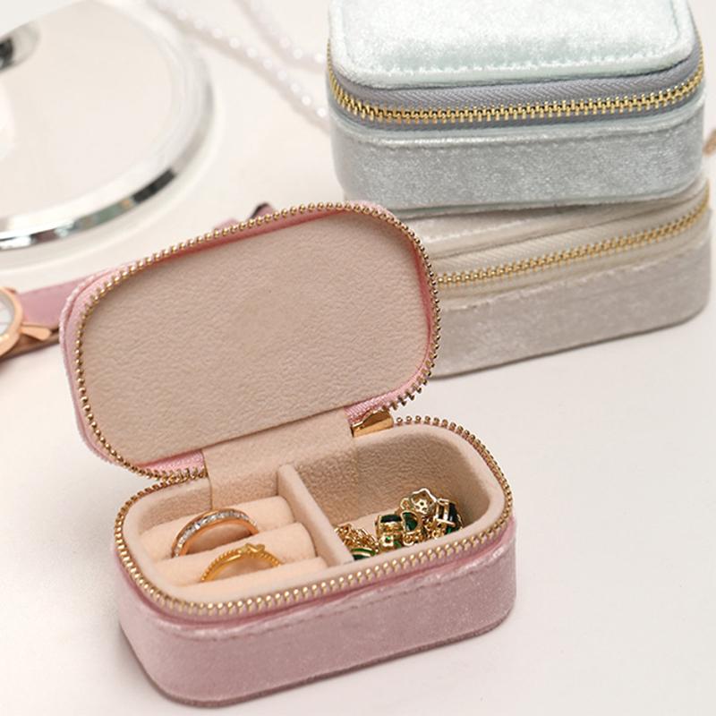 Mini Ring Box Travel Jewelry Box Ring Zipper Velvet Storage Case Jewel Packaging Earrings Necklace Organizer Storage Box Trip