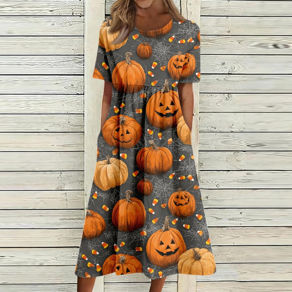 Women's Casual Halloween Printed Dress Short Sleeve Round Neck Pocket Midi Dress Plaid Pattern Comfortable Fit