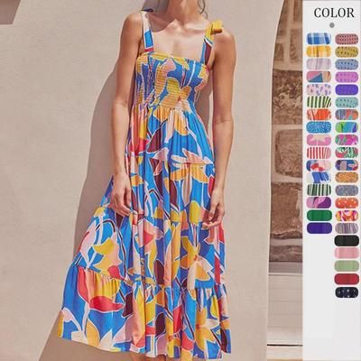 European & American Sleeveless Summer Dress - Casual Printed Long Spaghetti Strap Design.