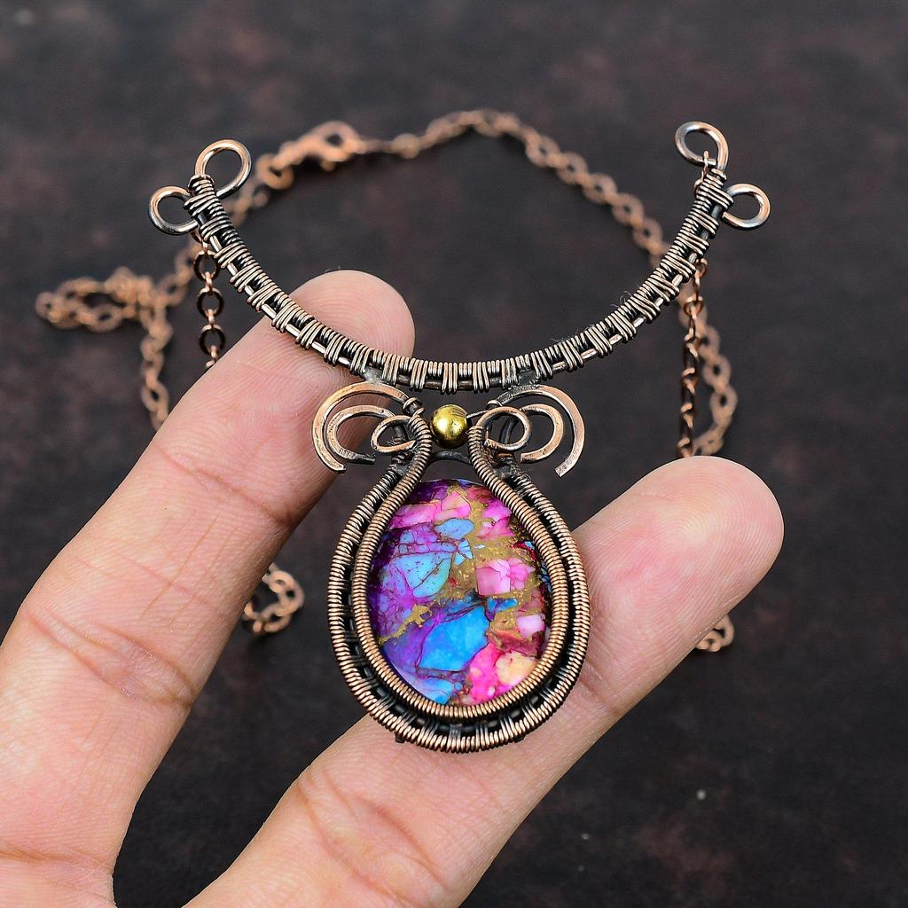 Natürliche Kingman Pinke Dahlie Türkis Halskette Kupferdraht Umwickelte Halskette Edelsteinschmuck Verstellbare Halskette Kupferschmuck Hochzeitsgeschenk