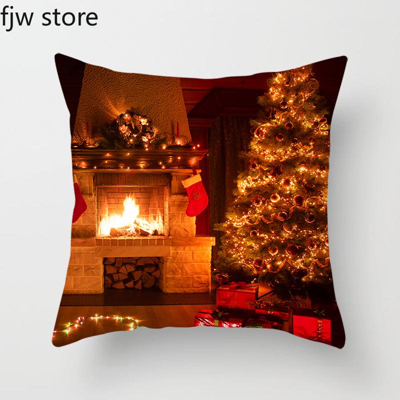 

Christmas New Year Decorative Pillow Cover Tree Fireplace Print Throw Sofa Chair Cushion Home Decor 40x40cm