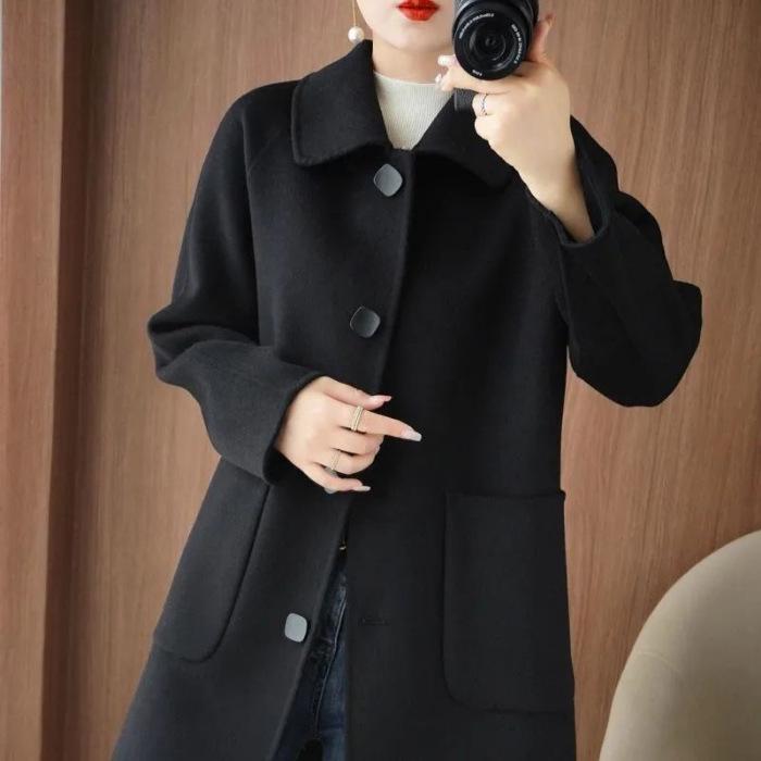 Women s Double-Faced Wool Coat - Winter Peter Pan Collar, Petite Slimming Loose Fit Outerwear for Mothers 4XL