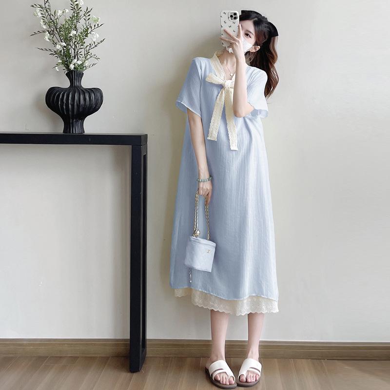 Trendy Maternity Lace Patchwork Summer Dress - Loose, Plus Size, Belly Covering Medium