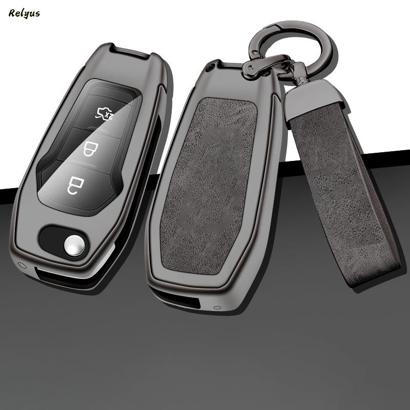 Zinc Alloy Leather Car Key Case Cover Holder Fob Protector Shell For Ford Figo Mondeo 5 Ecosport Puma Fiesta Mk8 Everest Ranger