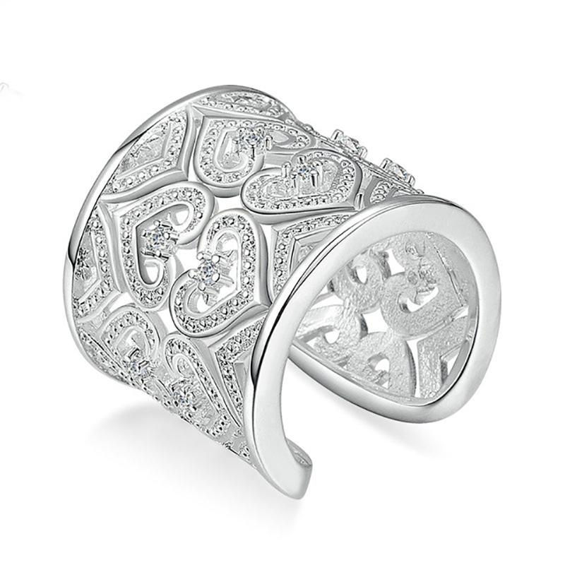 

Sliver Color Hollowed Love Heart Bijoux Fashion Cocktail Open Ring Made With AAA+ CZ Crystal Zircon For Women R519 resizable