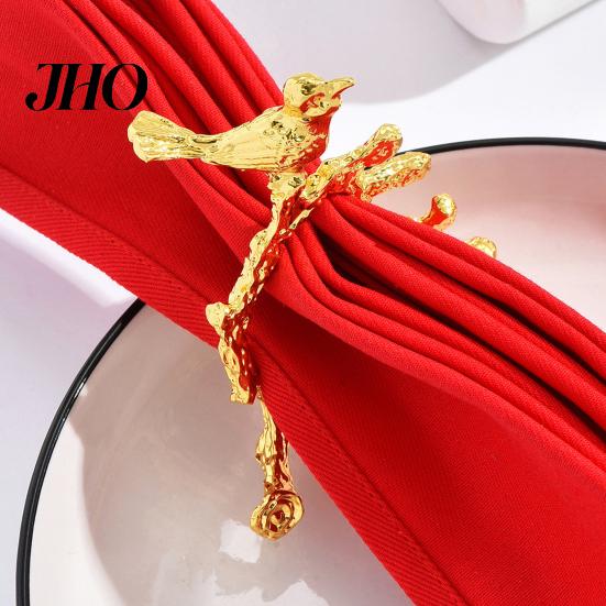 Alloy Napkin Ring Ring, Vintage Branch & Bird Design with Gold Finish, Open-End Holder for Cotton Linen Cloth Dinner Napkins, Wedding Banquet