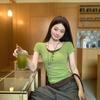 Sweet Spice Girl Green Fake Two-Piece Splicing Front Shoulder Short Sleeve T-Shirt Women's New Summer Slim Korean Pretty Tops