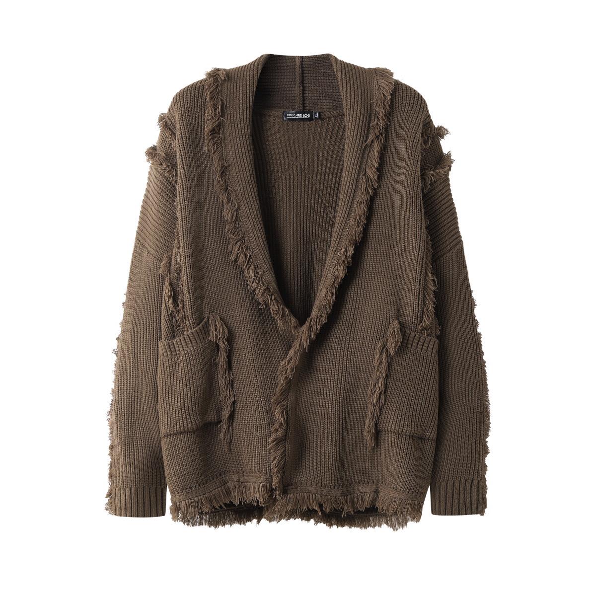 

TIDE CARD LOG | Американский уличный стиль, узор в виде звезды, кардиган-свитер с необработанными краями и лацканами M хаки