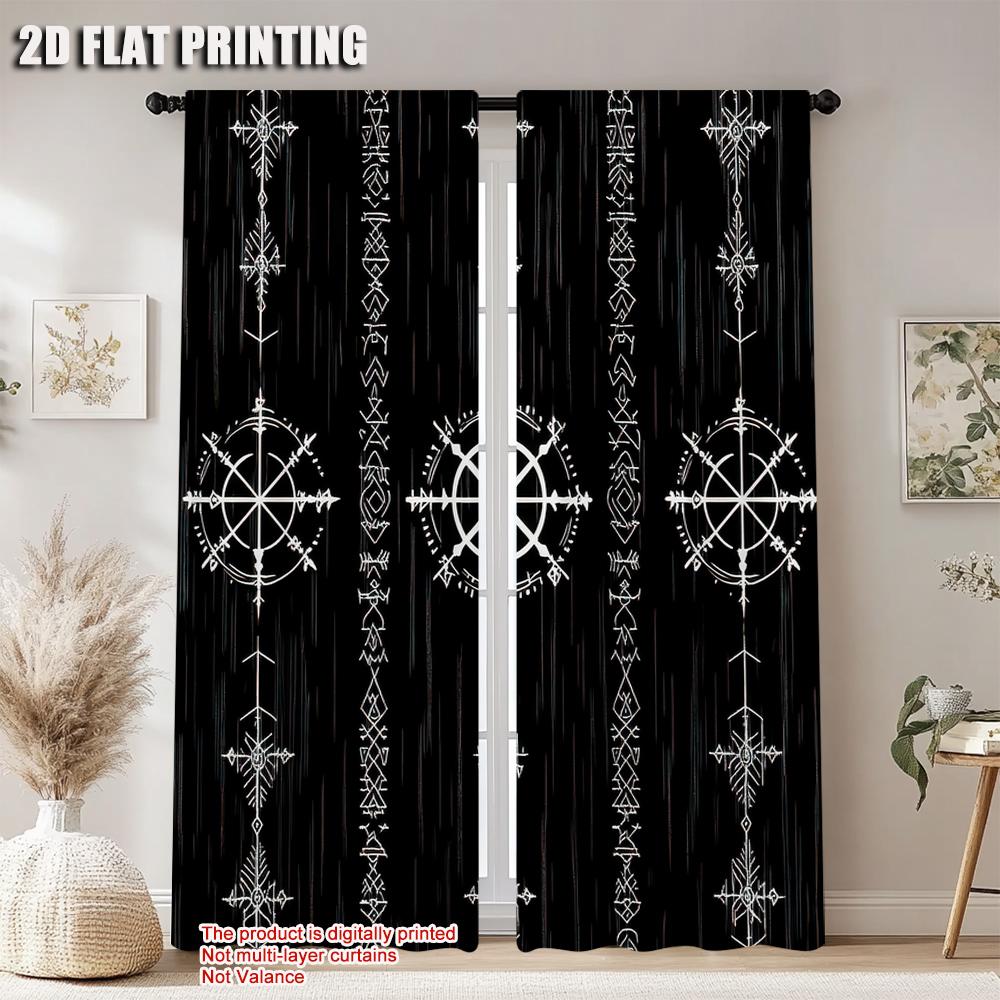 Black Background Viking Symbol Curtains Polyester Perfect Bedroom Living Room Decor Semi Sheer Set Of 2 Made Sitting