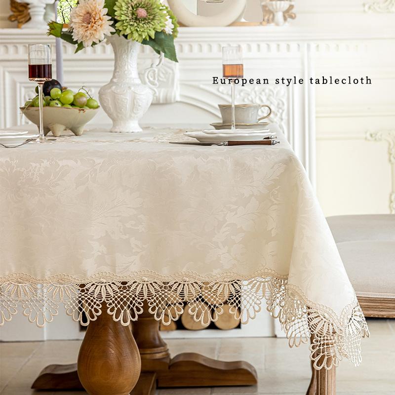 1pc Fall Linen Tablecloths, White Farmhouse Tablecloth with Lace, Vintage Rectangle Tablecloths Suit for Christmas Wedding Party Dining Holidays Decor