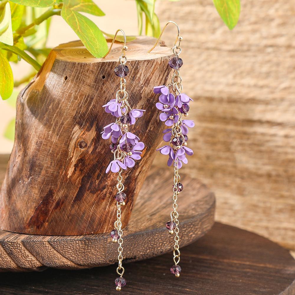 

1 пара женских элегантных серег-подвесок с длинной цепочкой и дизайном цветов глицинии для повседневной носки, вечеринок, универсальные подарки