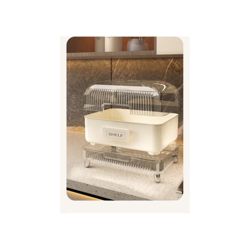 Kitchen Drain Rack, Large-capacity Dishware Storage Box, Dust-proof with Cover, Countertop Tableware Storage and Organization
