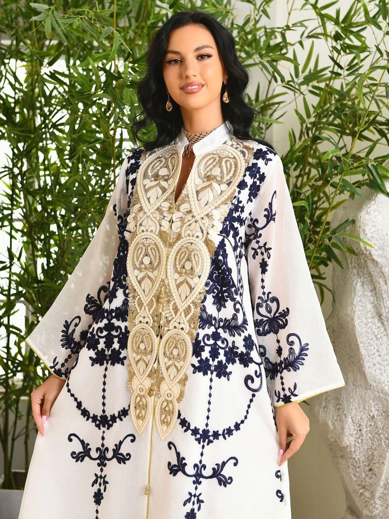Muslim Women Embroidered Dubai Arabian Loose Dress Evening Dress Eid Robe