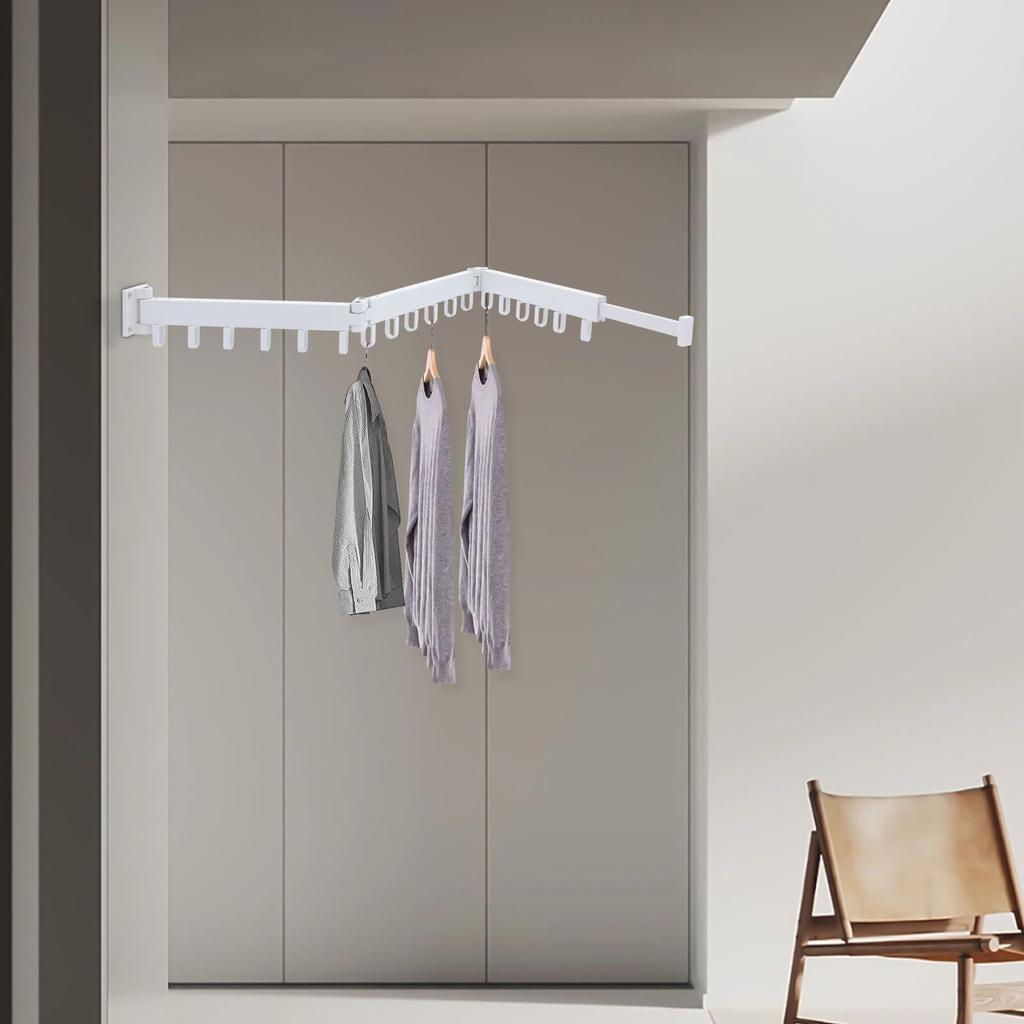 Tri-Fold Space Aluminum Wall-Mounted Drying Rack – 110 Lbs Load Capacity with 18 Hooks & Telescopic Hidden Rod – White