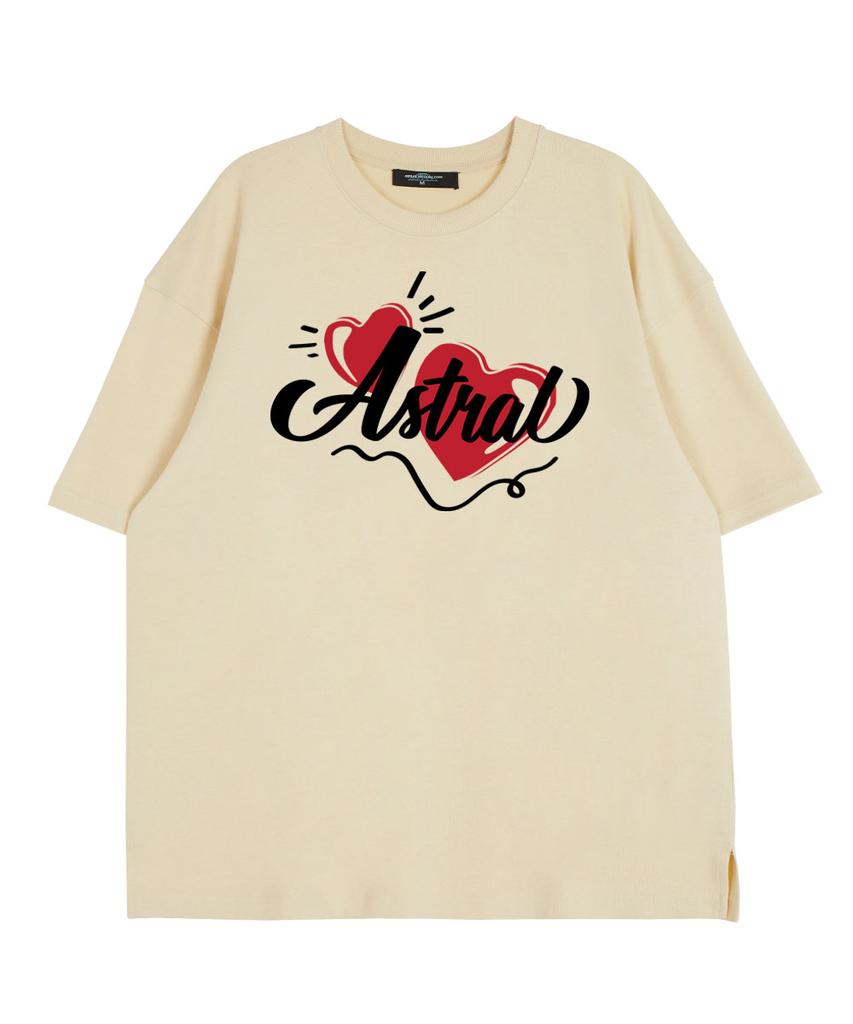 ASTRAL PROJECTION Double Heart Round Neck 15-Count Cotton Short Sleeve T-Shirt_Butter