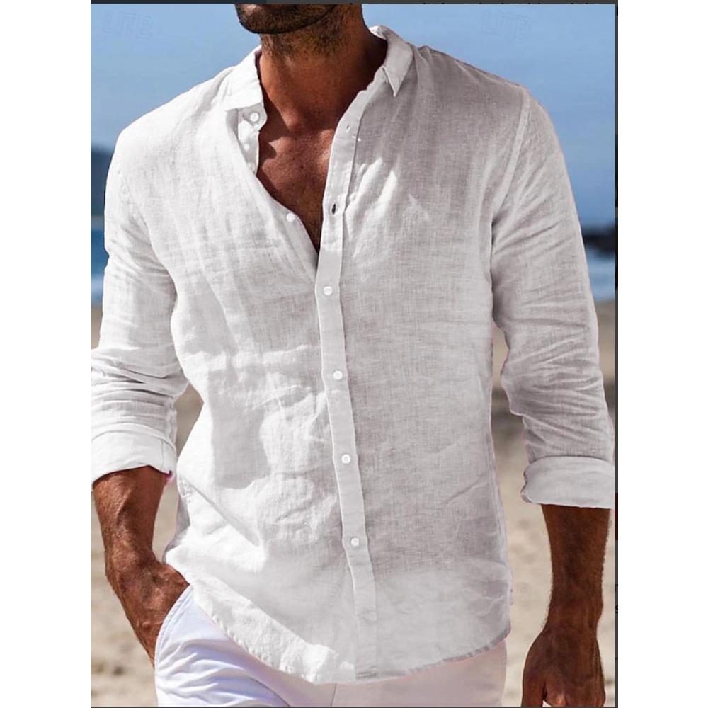 Herrenhemden Frühling/Sommerhemden Strandbekleidung Button-Down-Hemden Einfarbig Urlaubs-Casual Langarm mit Kragen