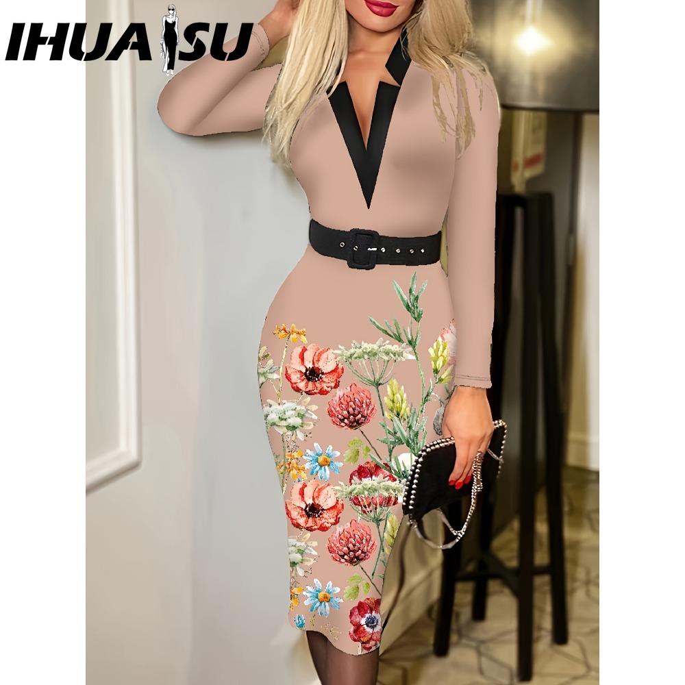 

IHUASU Женская мода Весна Осень Длинный рукав V-образный вырез Завышенная талия Повседневные платья XL