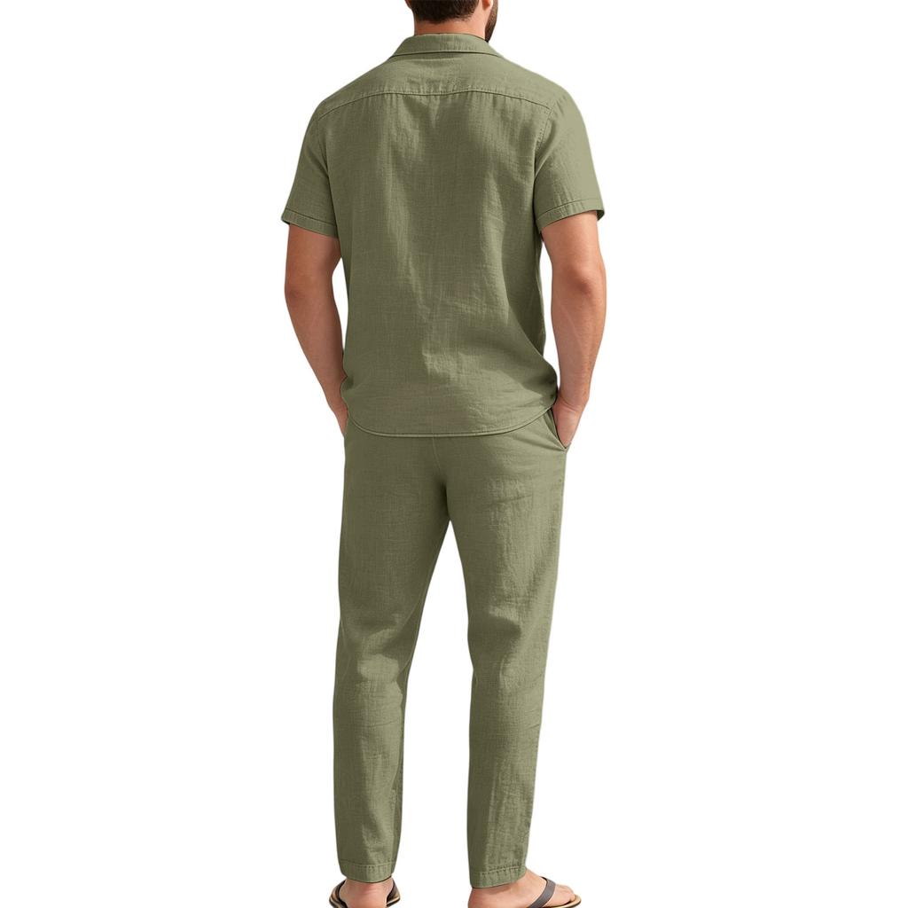 Men's Linen Two-Piece Set Short Sleeve Shirt Open Collar Button Front Top with Long Pants Lightweight Casual Beachwear Outfit